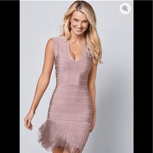 Venus fringe “bandage” dress, Sz 6, body-con dress, flirty fringe, SLIMMING!